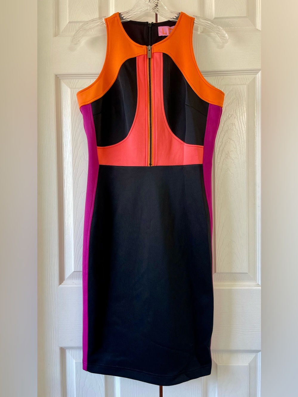 LDT Blaine Colorblock Scuba Sheath Y2K Dress Pink Orange Black Size 0
